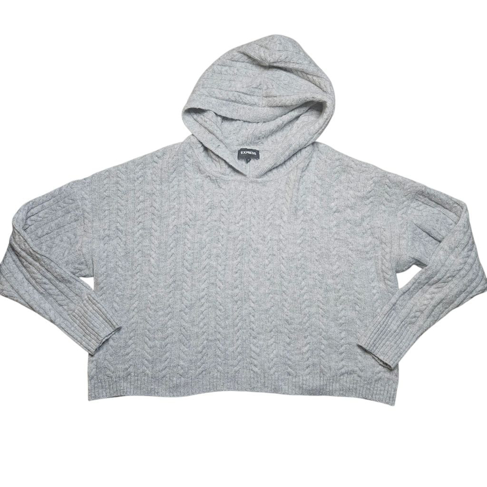 Express Medium Grey Cable Knit Cropped Hoodie Sweater - Picture 3 of 8